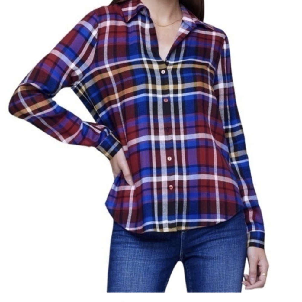 L'AGENCE Tyler Holly Blue Plaid Shirt M Silk Blend City Designer Casual #820